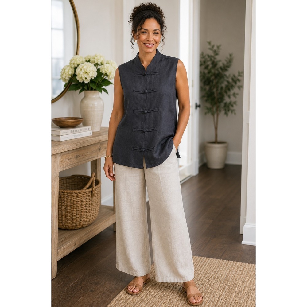 Jordan Black Linen Vest Tunic Mandarin Collar Frog Closure Minimalist Preppy
